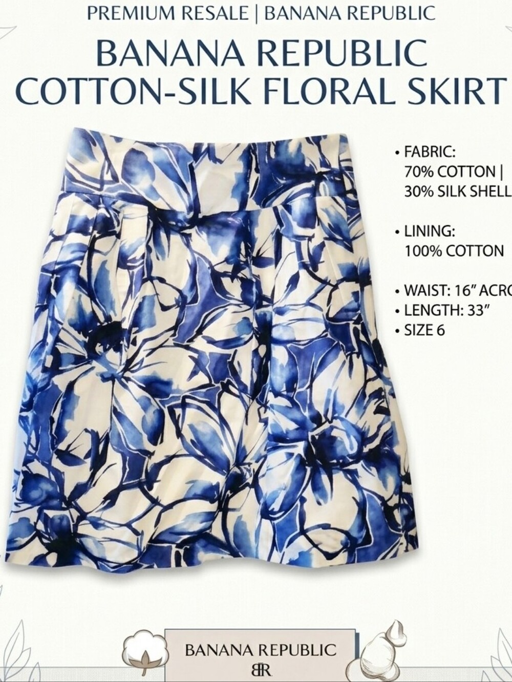 Banana Republic White & Blue Cotton-Silk Floral A-Line Skirt Pockets Size 6 NWOT
